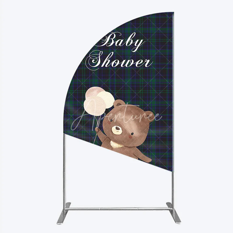 Aperturee - Aperturee Baby Shower Bear with Balloons Half Moon Arch Backdrop Green and Blue Tartan Plaid Party Cover