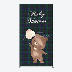 Aperturee - Aperturee Baby Shower Bear with Balloons Rectangle Backdrop Green and Blue Tartan Plaid Party Cover