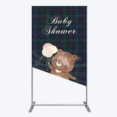 Aperturee - Aperturee Baby Shower Bear with Balloons Rectangle Backdrop Green and Blue Tartan Plaid Party Cover