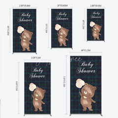 Aperturee - Aperturee Baby Shower Bear with Balloons Rectangle Backdrop Green and Blue Tartan Plaid Party Cover