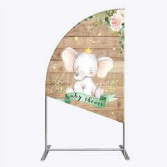 Aperturee - Aperturee Baby Shower Half Moon Arch Backdrop with Crown Elephant Rustic Wood Plank and Pink Floral Roses Girl Baby Shower