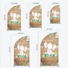 Aperturee - Aperturee Baby Shower Half Moon Arch Backdrop with Crown Elephant Rustic Wood Plank and Pink Floral Roses Girl Baby Shower