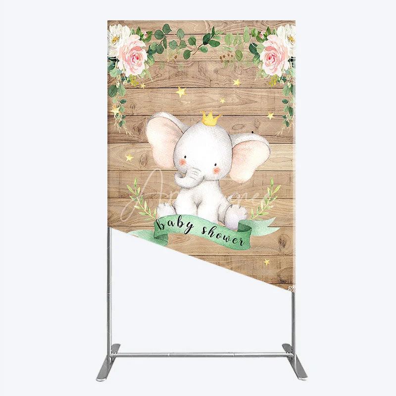 Aperturee - Aperturee Baby Shower Rectangle Backdrop with Crown Elephant Rustic Wood Plank and Pink Floral Roses Girl Baby Shower