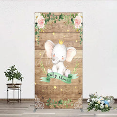 Aperturee - Aperturee Baby Shower Rectangle Backdrop with Crown Elephant Rustic Wood Plank and Pink Floral Roses Girl Baby Shower