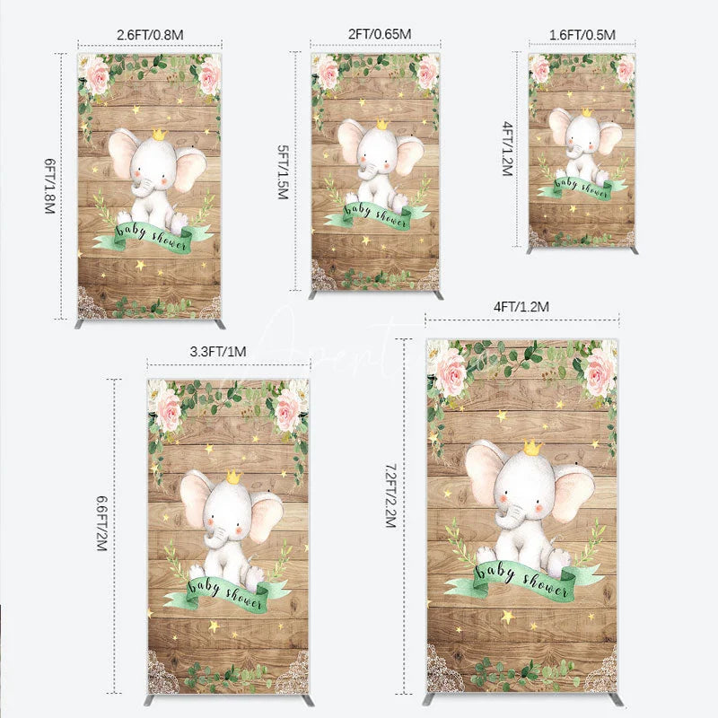 Aperturee - Aperturee Baby Shower Rectangle Backdrop with Crown Elephant Rustic Wood Plank and Pink Floral Roses Girl Baby Shower