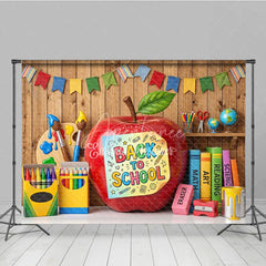 Aperturee - Aperturee Back to School Apple Photography Backdrop with Colorful Art and Learning Supplies Wooden Wall Background