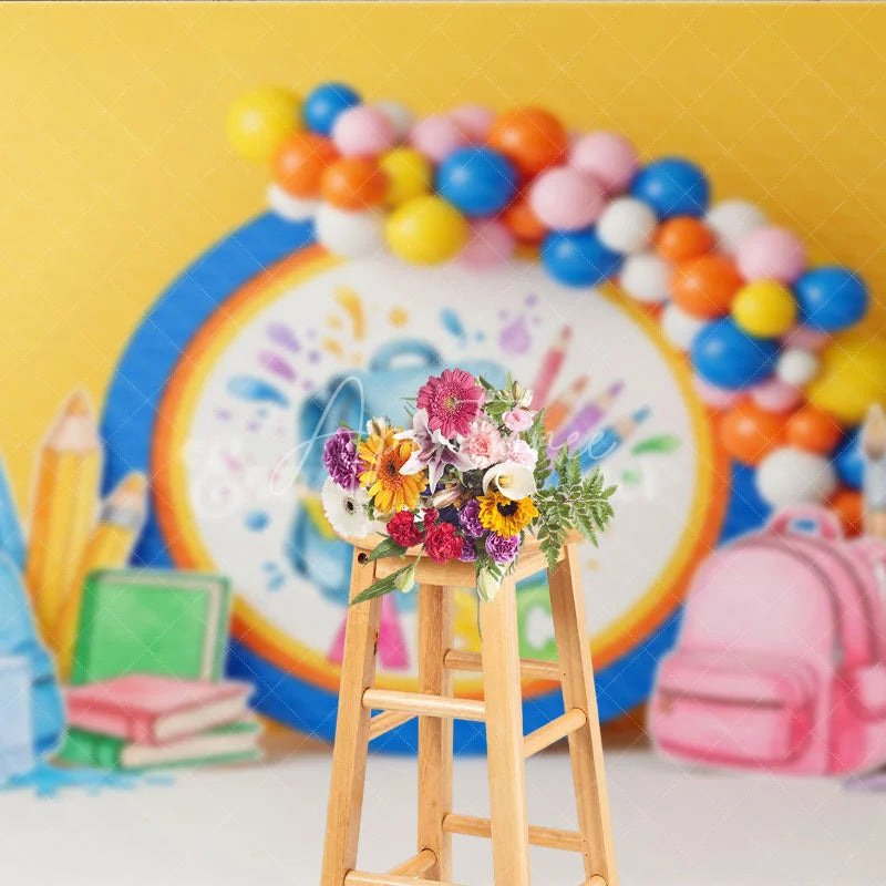 Aperturee - Aperturee Back To School Backdrop Blue Backpack ABC Letters Pencils Paint Balloons Background Kindergarten Photography Prop