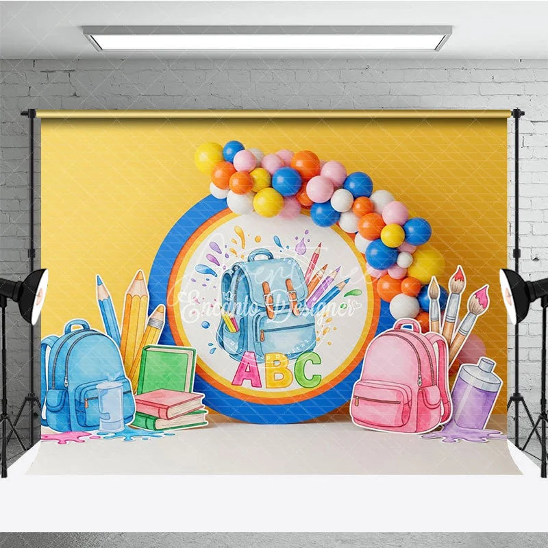 Aperturee - Aperturee Back To School Backdrop Blue Backpack ABC Letters Pencils Paint Balloons Background Kindergarten Photography Prop