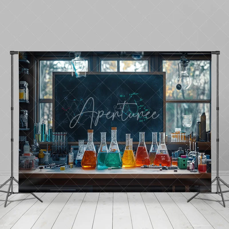 Aperturee - Aperturee Back to School Backdrop Science Chemistry Lab Photography Background Colorful Beaker Blackboard Student Party