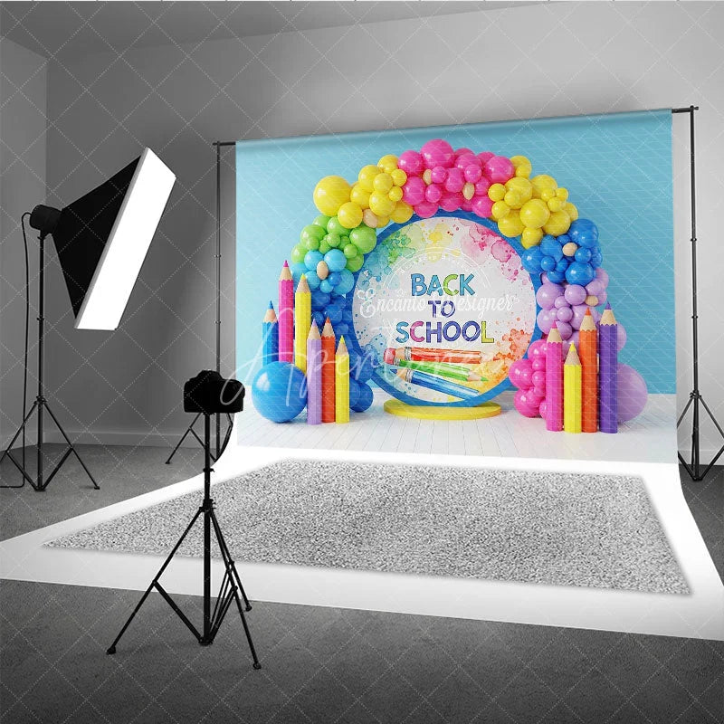 Aperturee - Aperturee Back To School Celebration Backdrop Watercolor Pencils Balloon Arch Background Classroom Photography Decoration