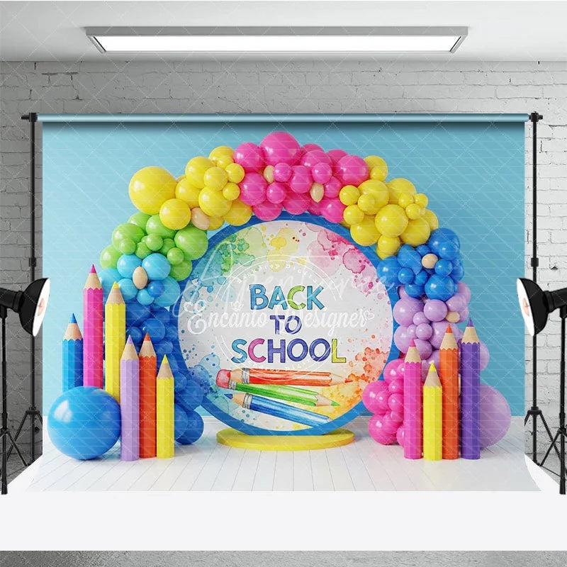 Aperturee - Aperturee Back To School Celebration Backdrop Watercolor Pencils Balloon Arch Background Classroom Photography Decoration