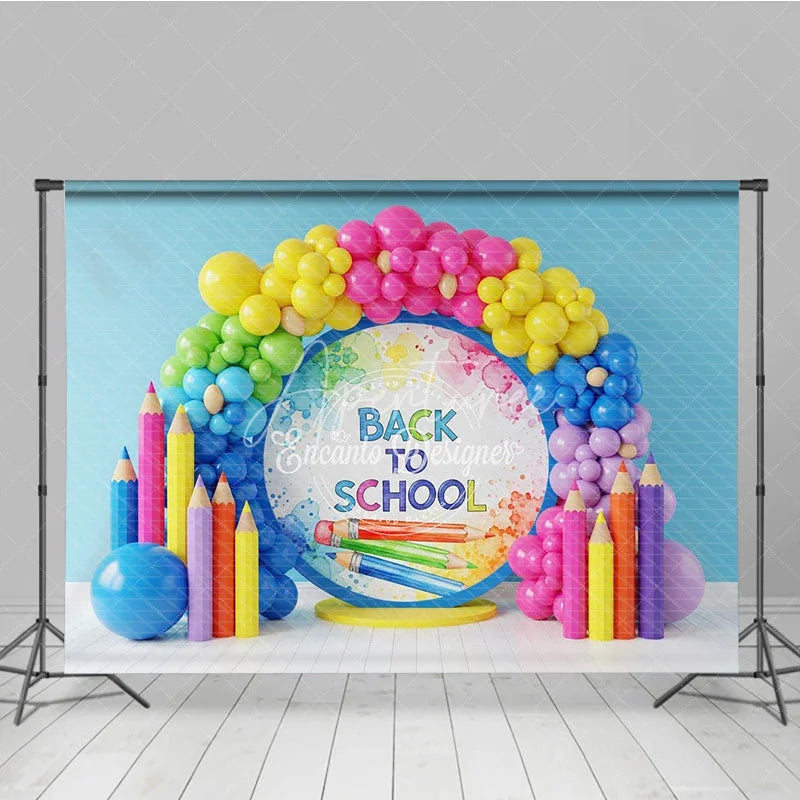 Aperturee - Aperturee Back To School Celebration Backdrop Watercolor Pencils Balloon Arch Background Classroom Photography Decoration