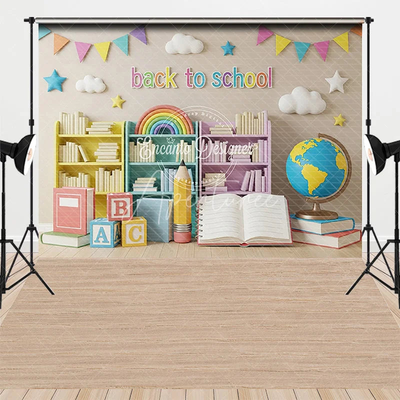 Aperturee - Aperturee Back to School Combo Set Backdrop Classroom Bookshelf Rainbow Photography Background Globe Study Photo Prop