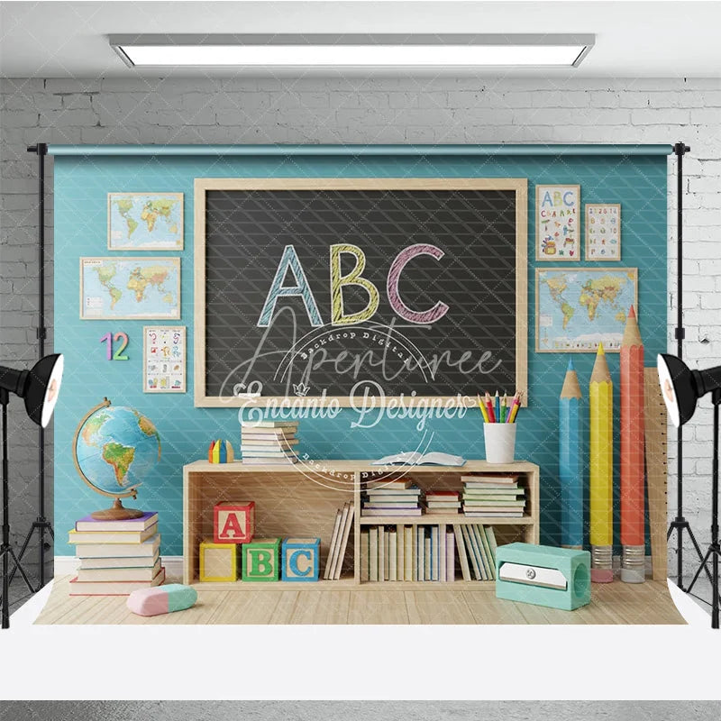 Aperturee - Aperturee Back to School Photography Backdrop Blue Wall ABC Chalkboard Background Giant Pencil Photo Prop