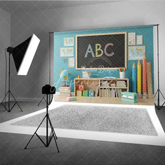 Aperturee - Aperturee Back to School Photography Backdrop Blue Wall ABC Chalkboard Background Giant Pencil Photo Prop