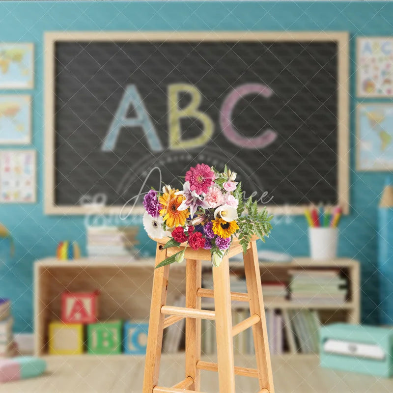 Aperturee - Aperturee Back to School Photography Backdrop Blue Wall ABC Chalkboard Background Giant Pencil Photo Prop