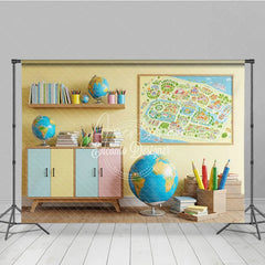 Aperturee - Aperturee Back to School Photography Backdrop Classroom Map Globe Background Pastel Study Room Photo Prop