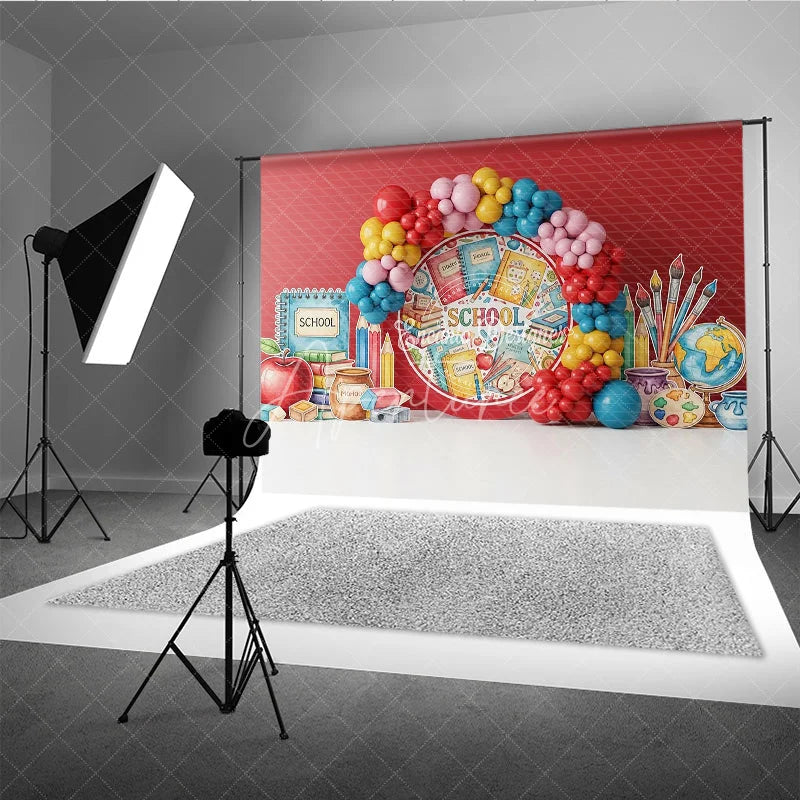 Aperturee - Aperturee Back to School Photography Backdrop Colorful Balloon Arch Study Background Apple Book Pencil Photo Prop