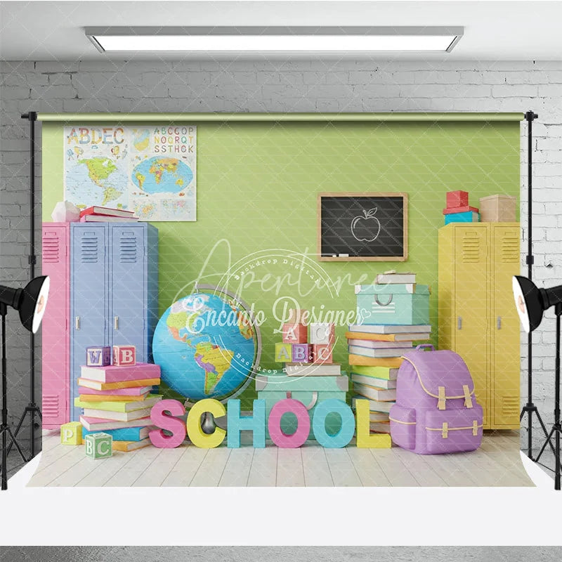 Aperturee - Aperturee Back to School Photography Backdrop Colorful Locker Classroom Background Globe Book Photo Prop