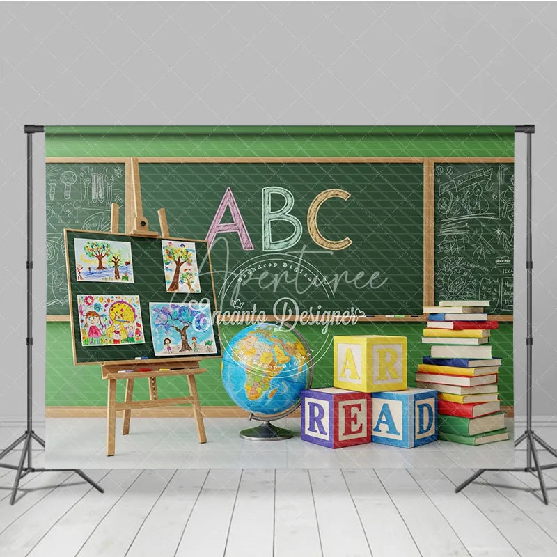 Aperturee - Aperturee Back to School Photography Backdrop Green Chalkboard Art Class Background ABC Block Study Photo Prop