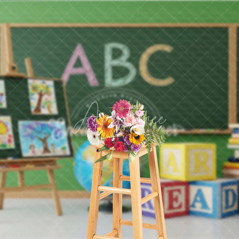 Aperturee - Aperturee Back to School Photography Backdrop Green Chalkboard Art Class Background ABC Block Study Photo Prop