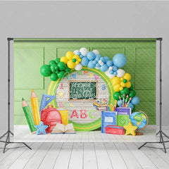Aperturee - Aperturee Back to School Photography Backdrop Green Wood Chalkboard Backpack Background Rustic Class Photo Prop