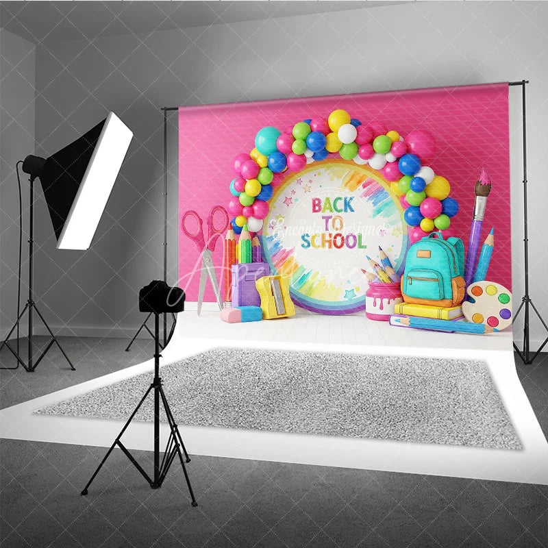 Aperturee - Aperturee Back to School Photography Backdrop Rainbow Balloon Art Class Background Creative Pencil Photo Prop