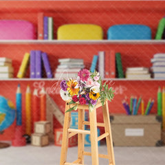 Aperturee - Aperturee Back to School Photography Backdrop Red Bookshelf Library Background Study Room Photo Prop