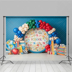 Aperturee - Aperturee Back to School Photography Backdrop Watercolor Globe Map Pencil Background Student Study Photo Prop