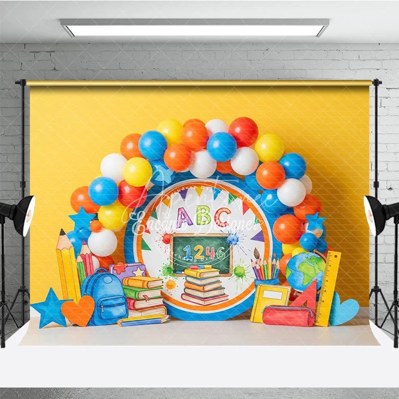 Aperturee - Aperturee Back to School Photography Backdrop Yellow ABC Chalkboard Book Background Kindergarten Photo Prop