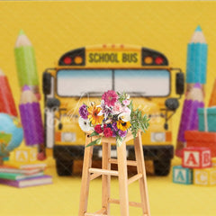 Aperturee - Aperturee Back to School Photography Backdrop Yellow School Bus Pencil Background ABC Block Cartoon Photo Prop