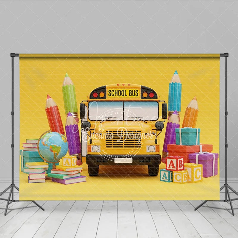 Aperturee - Aperturee Back to School Photography Backdrop Yellow School Bus Pencil Background ABC Block Cartoon Photo Prop