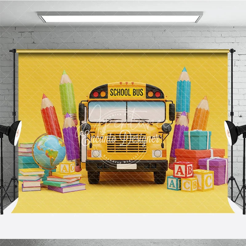 Aperturee - Aperturee Back to School Photography Backdrop Yellow School Bus Pencil Background ABC Block Cartoon Photo Prop