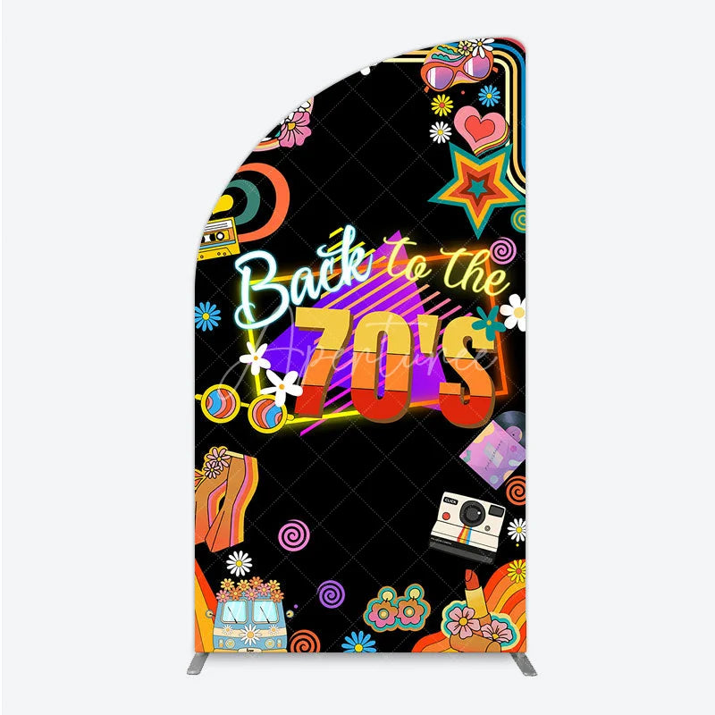 Aperturee - Aperturee Back to the 70s Groovy Birthday Half Moon Arch Backdrop Retro Neon with Disco Ball Hippie Themed Party Decor
