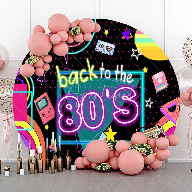 Aperturee - Aperturee Back To The 80s Round Backdrop Retro Neon Glow Party Geometric Decor Photo