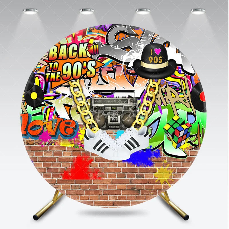 Aperturee - Aperturee Back to The 90s Round Backdrop for Birthday Party Retro Hip Hop Graffiti Theme Throwback Photo Booth Decor