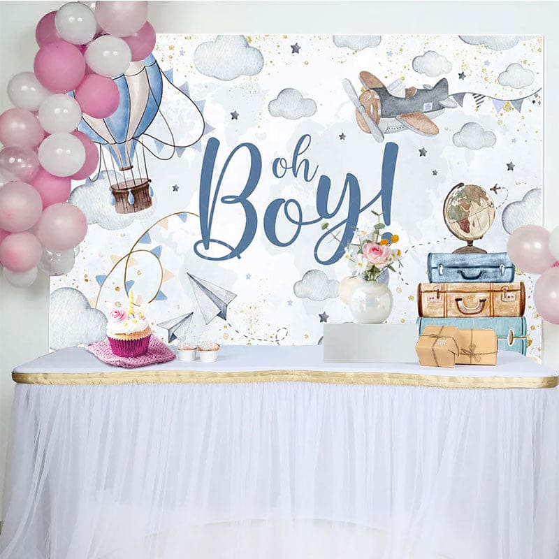 Aperturee - Aperturee Balloons Clouds Adventure Oh Boy Baby Shower Backdrop
