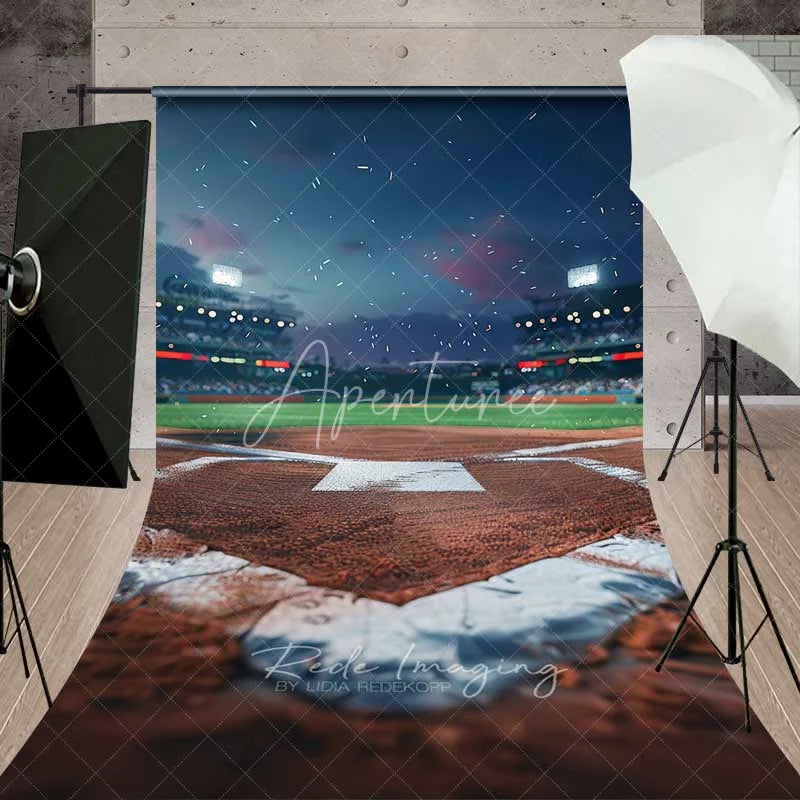 Aperturee - Aperturee Baseball Field Home Plate Sweep Photography Backdrop Night Stadium Game Clay Floor Photo Studio Prop