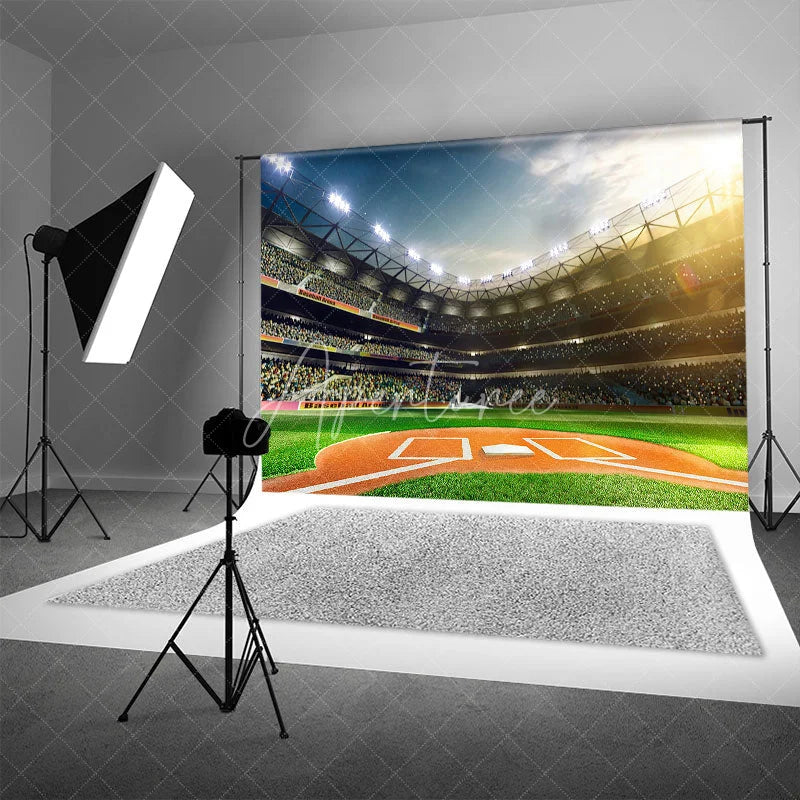 Aperturee - Aperturee Baseball Stadium Backdrop Bright Arena Lights Green Grass Home Plate Sports Themed Party Decoration