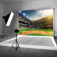 Aperturee - Aperturee Baseball Stadium Backdrop Bright Arena Lights Green Grass Home Plate Sports Themed Party Decoration