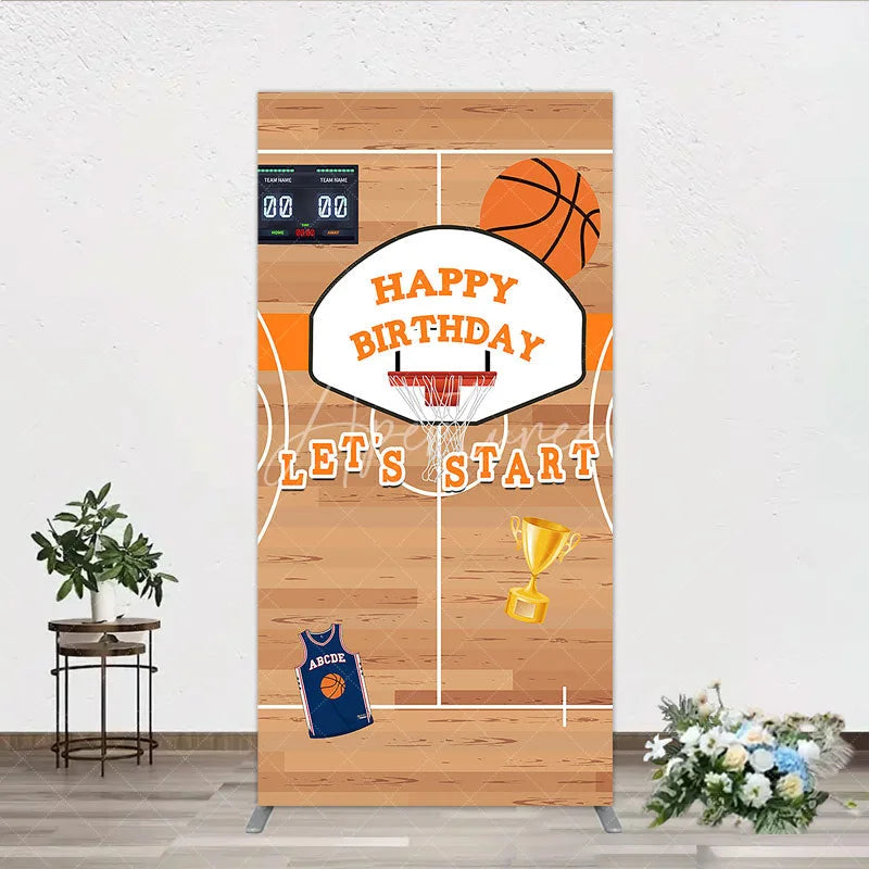 Aperturee - Aperturee Basketball Court Happy Birthday Rectangle Backdrop Kit with Hoop Ball and Trophy Game Day Sports Party Decor