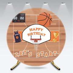 Aperturee - Aperturee Basketball Court Happy Birthday Round Backdrop Sports Game Theme Party Decor with Scoreboard and Trophy