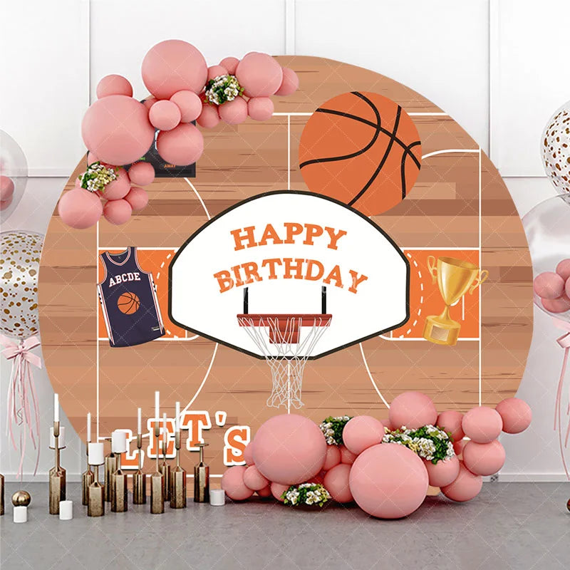 Aperturee - Aperturee Basketball Court Happy Birthday Round Backdrop Sports Game Theme Party Decor with Scoreboard and Trophy