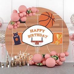 Aperturee - Aperturee Basketball Court Happy Birthday Round Backdrop Sports Game Theme Party Decor with Scoreboard and Trophy