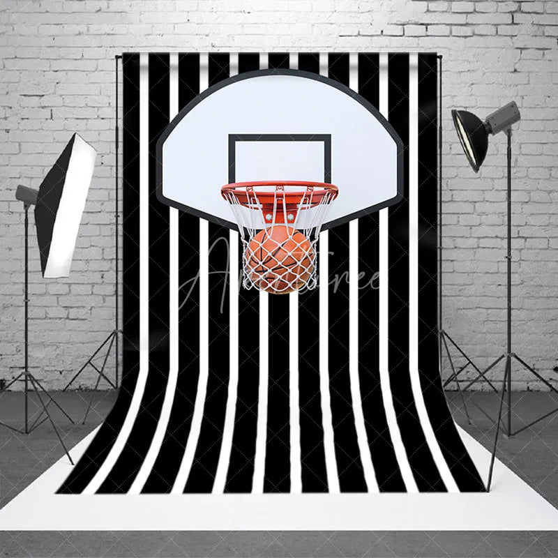 Aperturee - Aperturee Basketball Hoop Backdrop Sports Theme Party Decorations on Black and White Striped Background