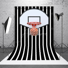 Aperturee - Aperturee Basketball Hoop Backdrop Sports Theme Party Decorations on Black and White Striped Background