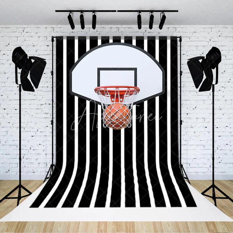 Aperturee - Aperturee Basketball Hoop Backdrop Sports Theme Party Decorations on Black and White Striped Background