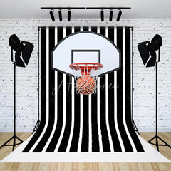 Aperturee - Aperturee Basketball Hoop Backdrop Sports Theme Party Decorations on Black and White Striped Background