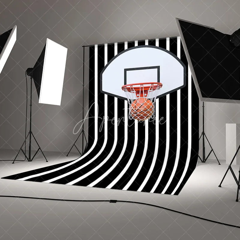 Aperturee - Aperturee Basketball Hoop Backdrop Sports Theme Party Decorations on Black and White Striped Background