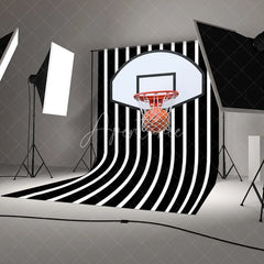 Aperturee - Aperturee Basketball Hoop Backdrop Sports Theme Party Decorations on Black and White Striped Background